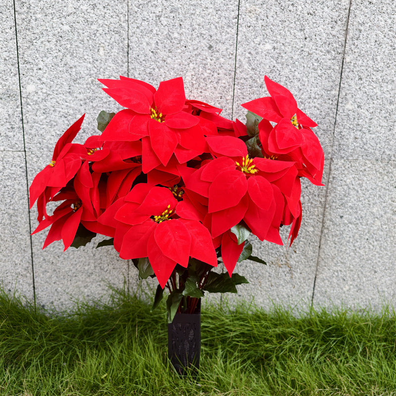 Bulk 24" Artificial Large Red Velvet Poinsettia with Vase 24-Heads Flowers UV Resistant for Outdoor Memorial Wholesale
