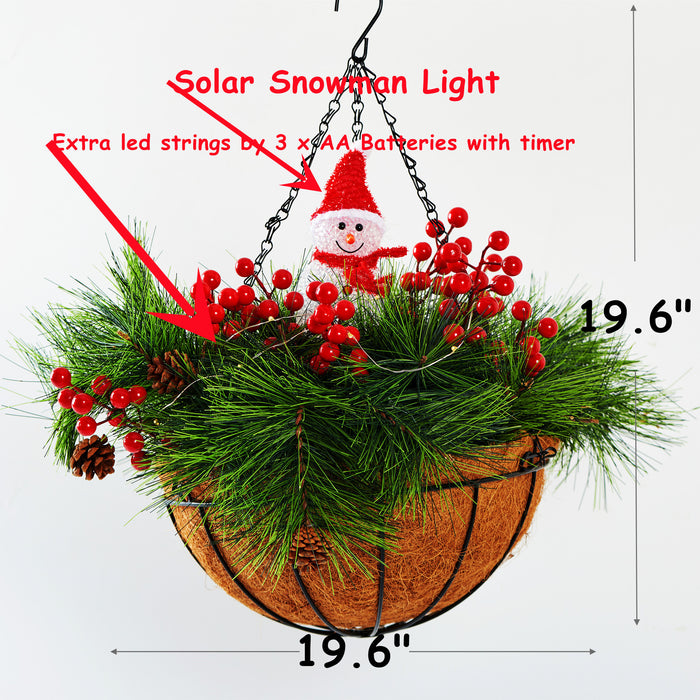 Bulk Pre-Lit Artificial Christmas Flowers Hanging Basket with Snowman Solar Lights for Outdoors and Indoors Wholesale