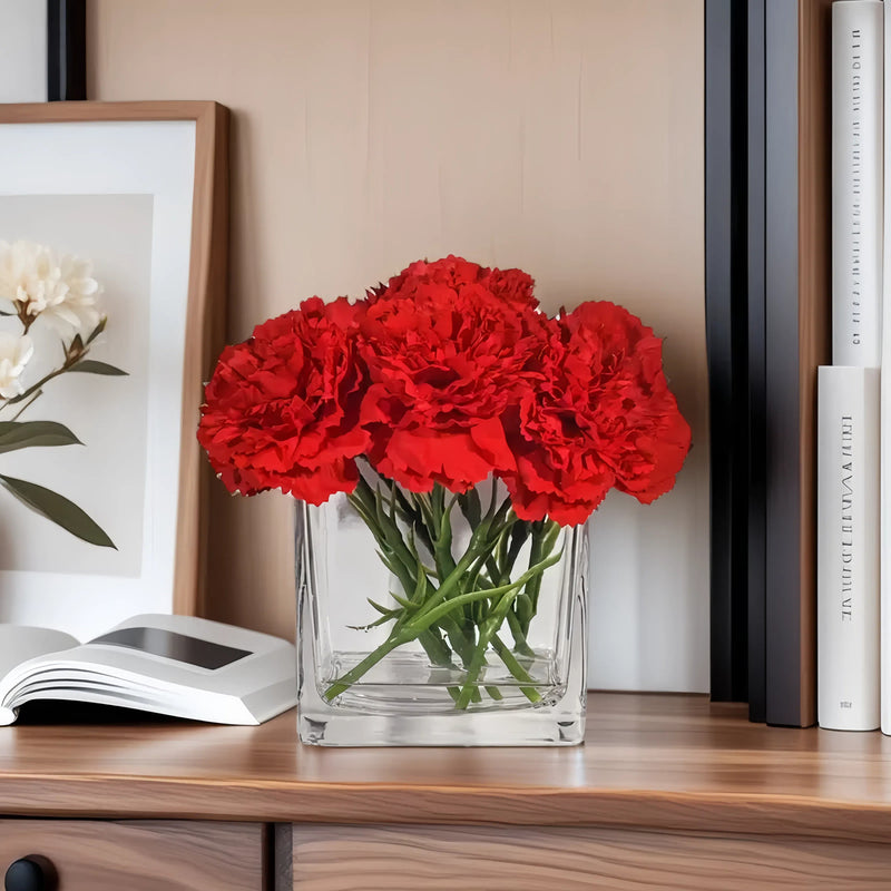 Bulk 7" Red Carnations Real Touch Flowers in Vase with Faux Water Potted Artificial Flowers with Vase Wholesale