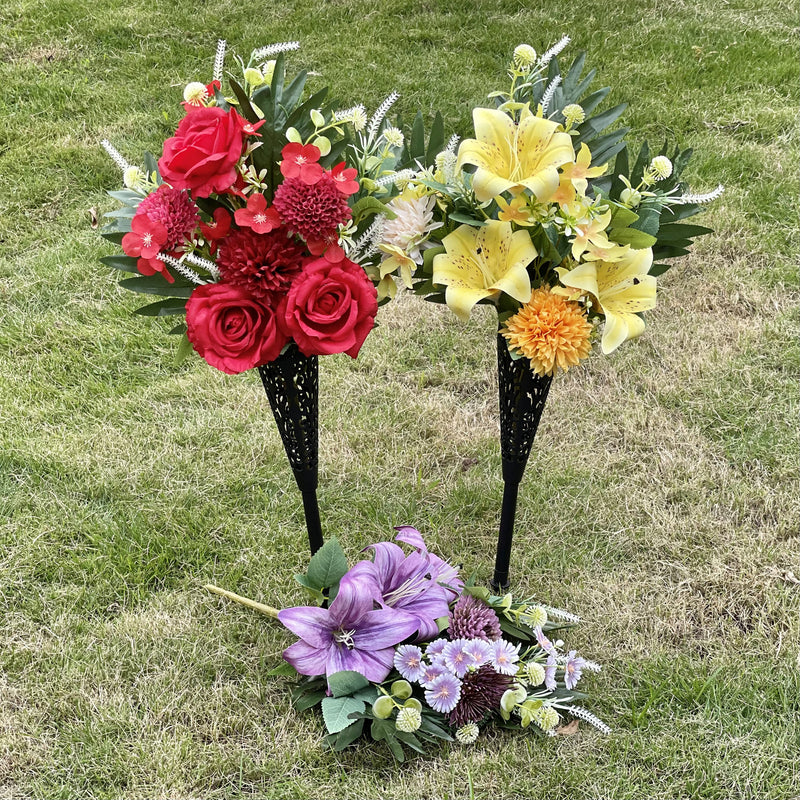 Bulk Artificial Cemetery Flowers with Vase Funeral Memorial Flowers Mum Rose Lilies Wholesale