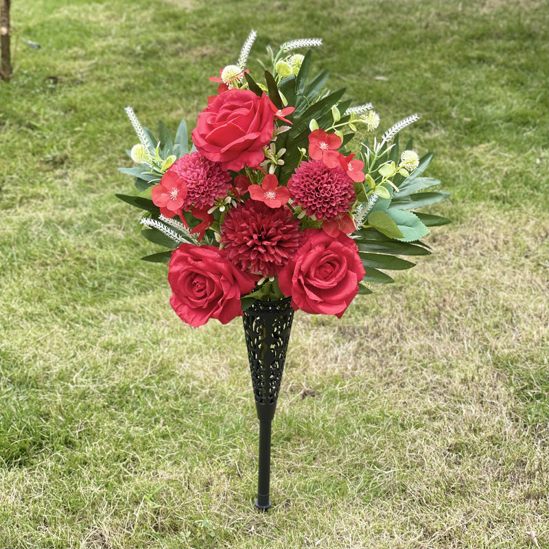 Bulk Artificial Cemetery Flowers with Vase Funeral Memorial Flowers Mum Rose Lilies Wholesale