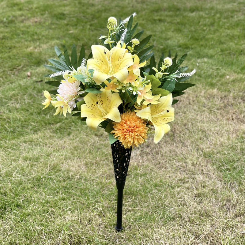 Bulk Artificial Cemetery Flowers with Vase Funeral Memorial Flowers Mum Rose Lilies Wholesale