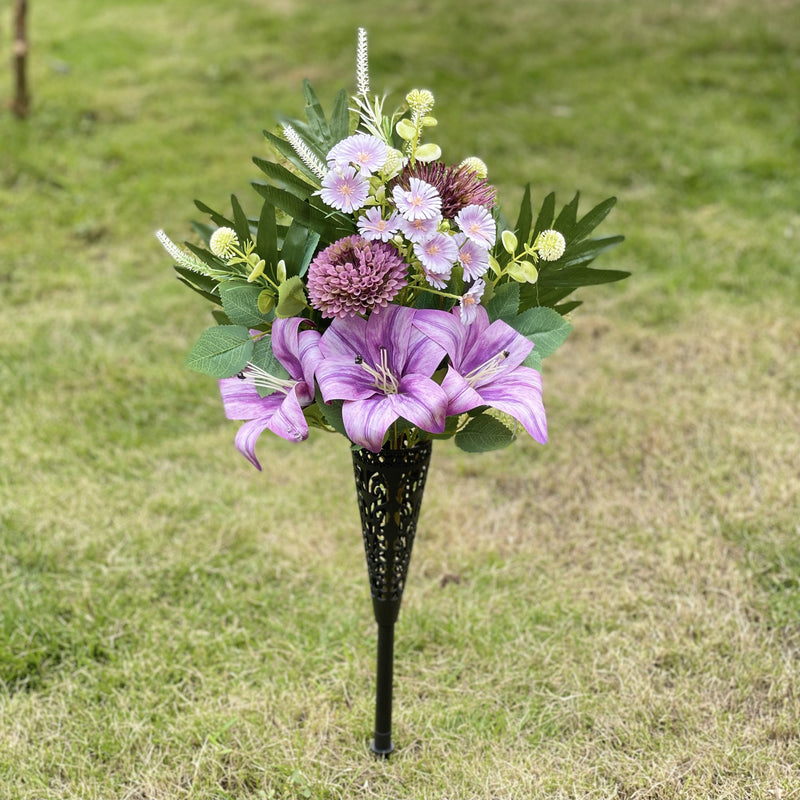 Bulk Artificial Cemetery Flowers with Vase Funeral Memorial Flowers Mum Rose Lilies Wholesale