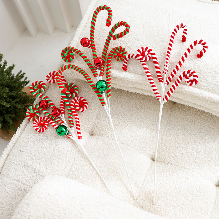 Bulk Artificial Christmas Candy Picks Lollipop Stems with Bell Christmas Ornaments Wholesale