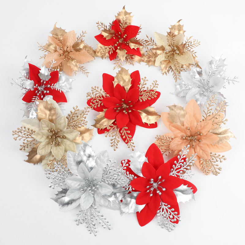 Bulk 12pcs Artificial Glitter Christmas Flower Poinsettia Ornaments Wholesale