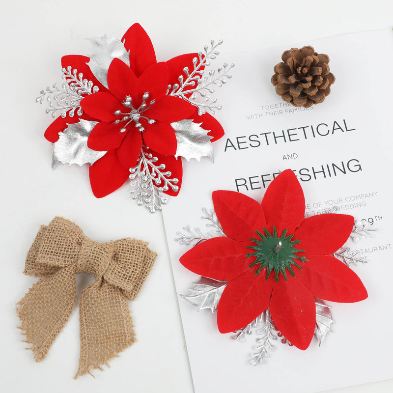 Bulk 12pcs Artificial Glitter Christmas Flower Poinsettia Ornaments Wholesale