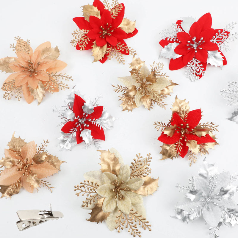 Bulk 12pcs Artificial Glitter Christmas Flower Poinsettia Ornaments Wholesale