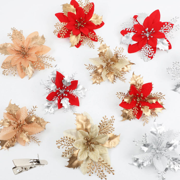 Clearance 12pcs Artificial Glitter Christmas Flower Poinsettia Ornaments Wholesale