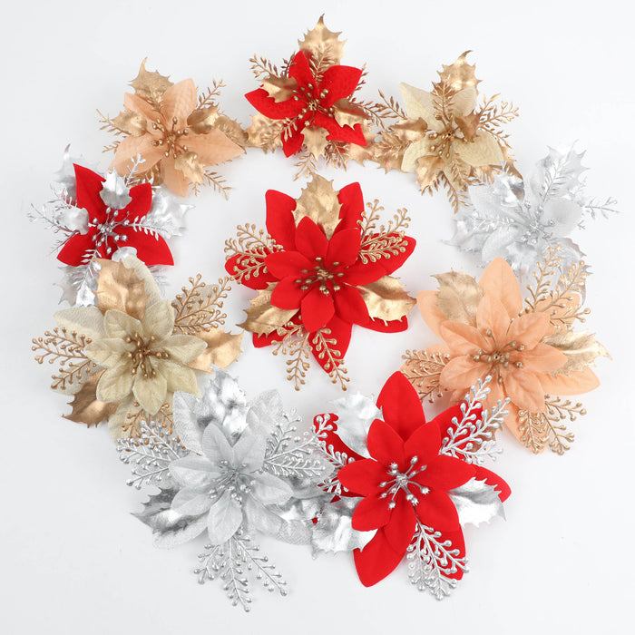 Clearance 12pcs Artificial Glitter Christmas Flower Poinsettia Ornaments Wholesale