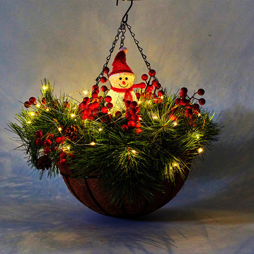 artificial hanging christmas plants Bulk Pre-Lit Artificial Christmas Flowers Hanging Basket with Snowman Solar Lights for Outdoors and Indoors Wholesale