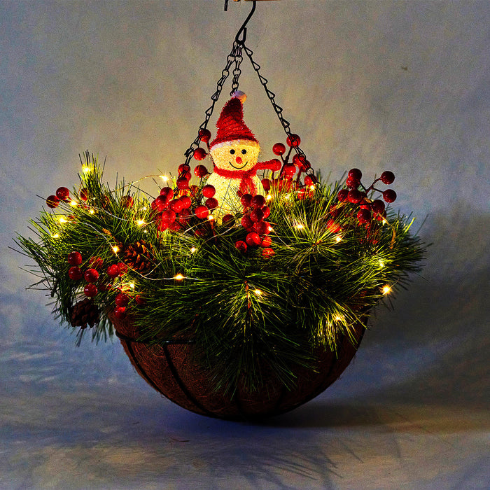 Bulk Pre-Lit Artificial Christmas Flowers Hanging Basket with Snowman Solar Lights for Outdoors and Indoors Wholesale