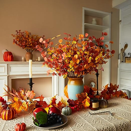 Tiges d'eucalyptus artificielles décoratives d'automne en vrac de 21 pouces et fausses fleurs de souffle de bébé