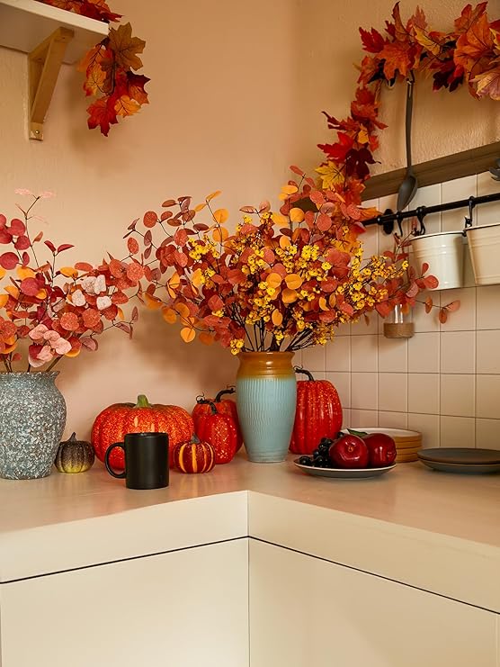 Tiges d'eucalyptus artificielles décoratives d'automne en vrac de 21 pouces et fausses fleurs de souffle de bébé