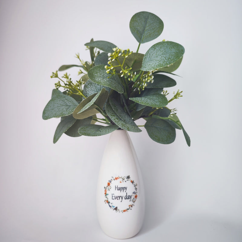 Bulk 12" Happy Artificial Eucalyptus Stems in Ceramic Vase Wholesale