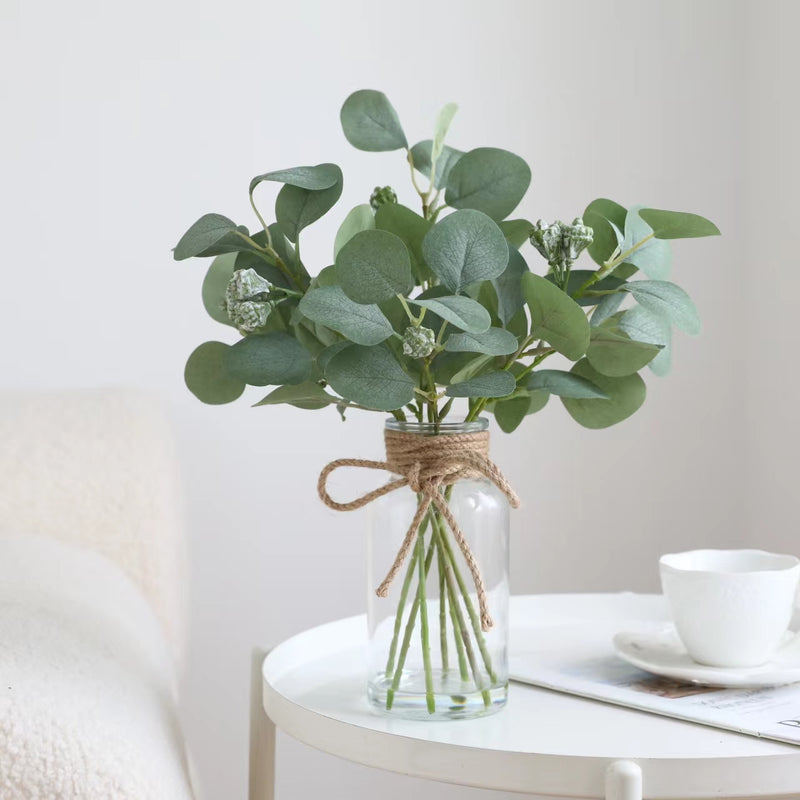 Bulk 14" Eucalyptus Stems in Glass Vase with Faux Water Greenery Arrangement Wholesale