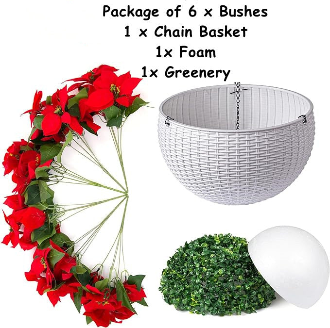 Panier suspendu de fleurs de poinsettia artificielles de Noël en vrac pour l'extérieur et l'intérieur en gros