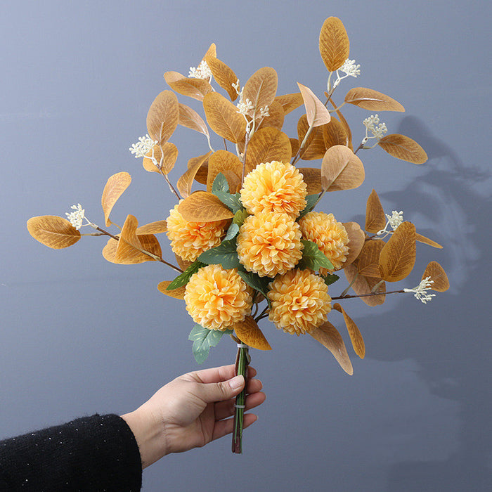 Bulk Artificial Flowers Bouquets Kiku Flowers Mum Ball Floral with Eucalyptus for Wedding Arrangements Table Centerpieces Wholesale