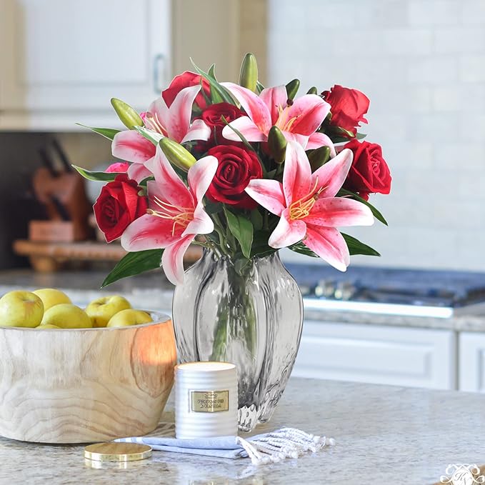 Bouquet de roses et de lys tigrés artificiels préfabriqués en vrac de 14 pouces pour bouquet de mariage, centres de table, fête à domicile, anniversaire, vente en gros