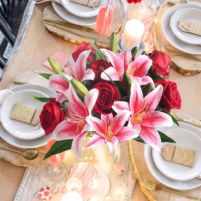 Bouquet de roses et de lys tigrés artificiels préfabriqués en vrac de 14 pouces pour bouquet de mariage, centres de table, fête à domicile, anniversaire, vente en gros