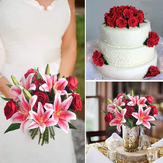 Bouquet de roses et de lys tigrés artificiels préfabriqués en vrac de 14 pouces pour bouquet de mariage, centres de table, fête à domicile, anniversaire, vente en gros