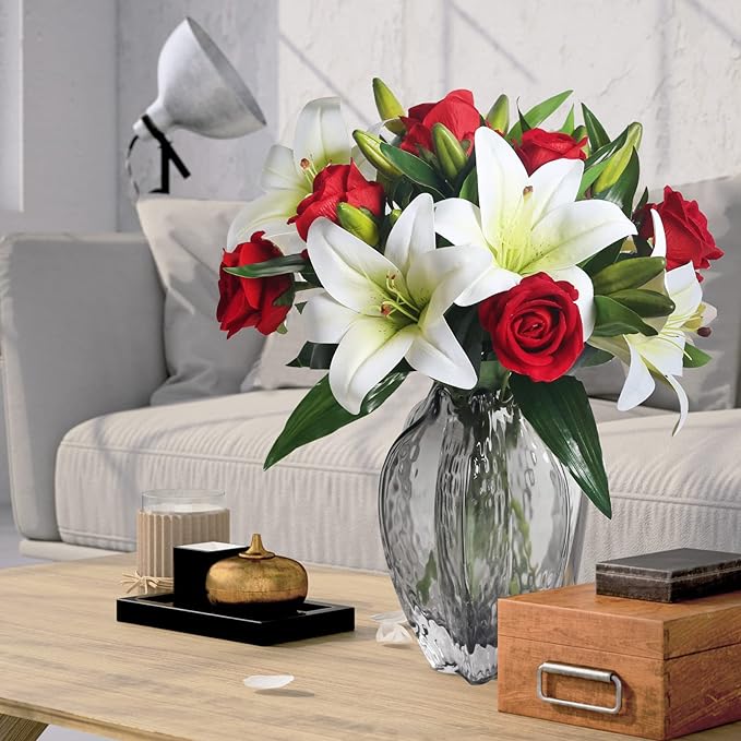 Bouquet de roses et de lys tigrés artificiels préfabriqués en vrac de 14 pouces pour bouquet de mariage, centres de table, fête à domicile, anniversaire, vente en gros