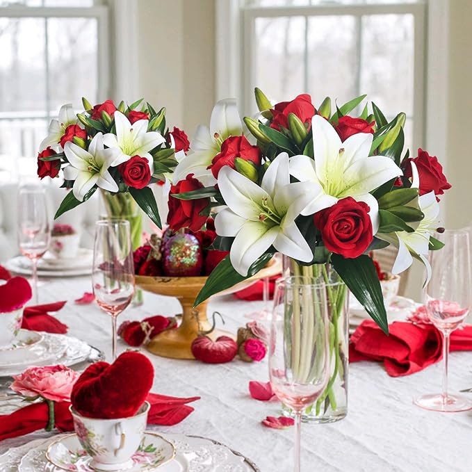 wedding bouquet red roses and white lilies Bulk 14" Pre-Made Artificial Flowers Roses Bouquet and Tiger Lilies fo — Artificialmerch