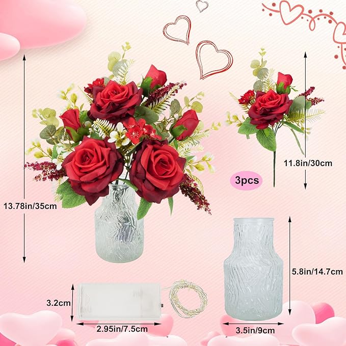 Bulk Artificial Rose Flowers with Vase Valentine's Day Boquets with LED Lights Silk Floral Arrangement Table Centerpieces Anniversary Wedding Party Wholesale