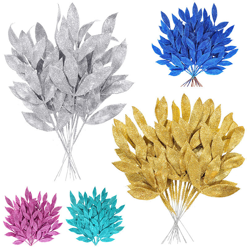 Bulk Glittered Artificial Leaf Spray Picks for Christmas Winter Wedding Wreath Tree Swag Floral Arrangement Vase Bouquets Table Centerpieces Wholesale