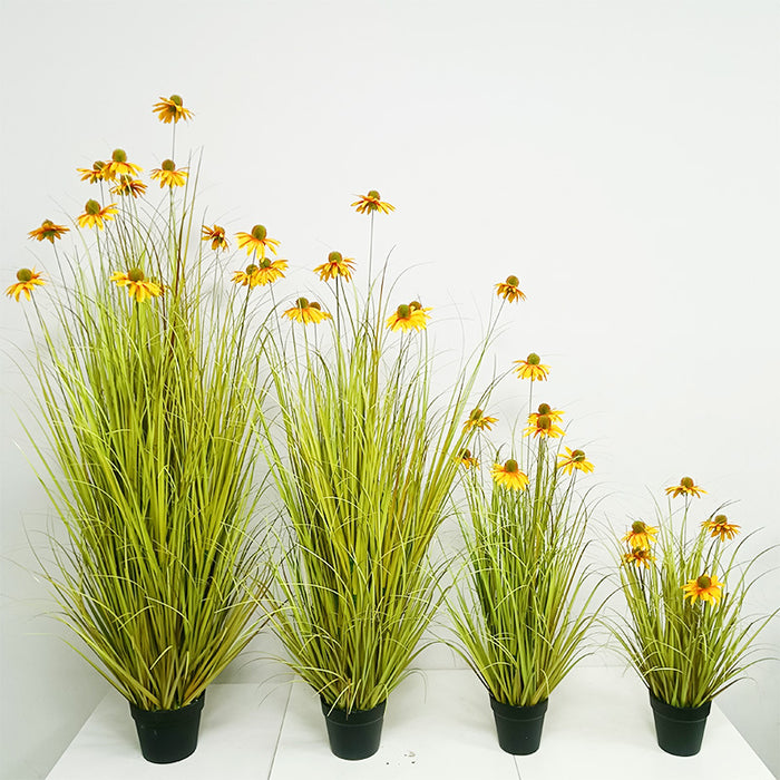 Bulk 5 Pack Artificial Grass Potted Plant with 9 Lifelike Echinacea Flower Wholesale