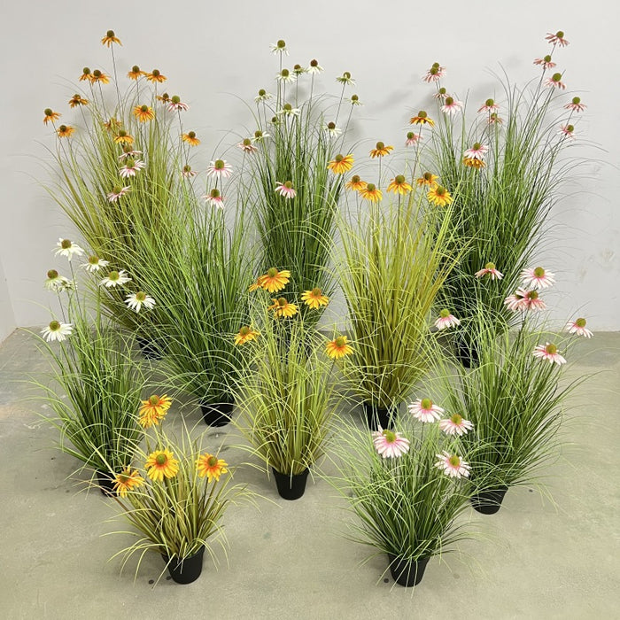 Bulk 5 Pack Artificial Grass Potted Plant with 9 Lifelike Echinacea Flower Wholesale