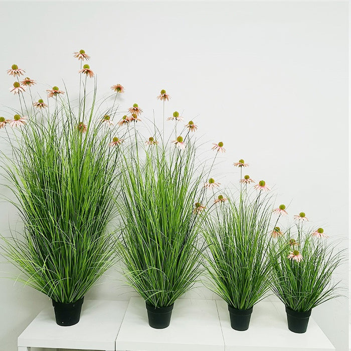 Bulk 5 Pack Artificial Grass Potted Plant with 9 Lifelike Echinacea Flower Wholesale