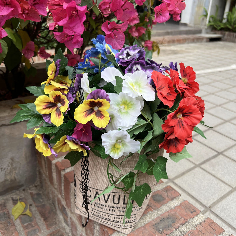 pre planted hanging baskets with flowers Bulk Pre-Assembled Artificial Outdoor Flowers with Hanging Basket Hanging Ivy Plants Pansy Flowers Wholesale