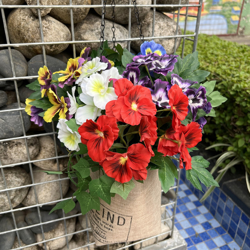Bulk Pre-Assembled Artificial Outdoor Flowers with Hanging Basket Hanging Ivy Plants Pansy Flowers Wholesale