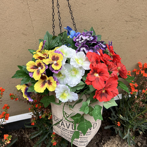 pre planted hanging basket plants Bulk Pre-Assembled Artificial Outdoor Flowers with Hanging Basket Hanging Ivy Plants Pansy Flowers Wholesale