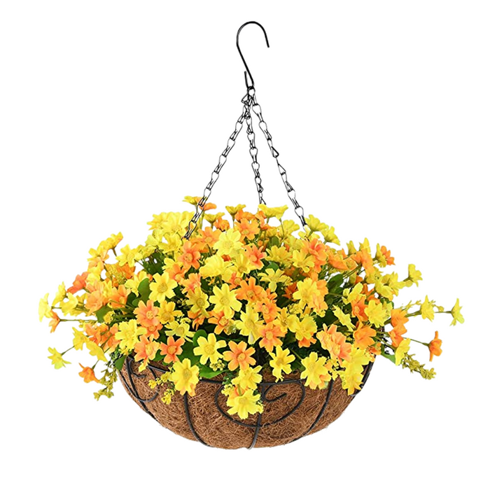 Flores colgantes artificiales en maceta a granel en cesta para decoración de jardín de césped de Patio al por mayor 