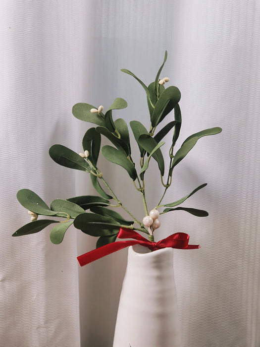 Bulk 11.8" Artificial Mistletoe Pick with Red Bow Christmas Stems Ornaments Wholesale