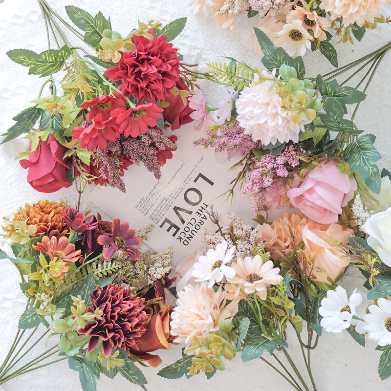 Bulk 13" Artificial Mixed Flower Bush Bouquet - Roses & Chrysanthemums for Autumn Home Wedding Decor Wholesale