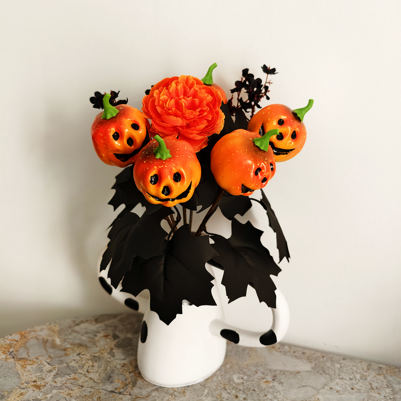 Bulk 14" Artificial Peony Pumpkin Skull Bush Bouquet Halloween Decoration Wholesale
