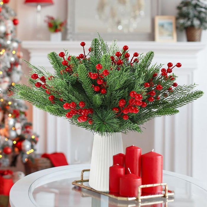 Bulk 60pcs Pine Greenery Branches Stems with Red Holly Berries Christmas Picks Wholesale