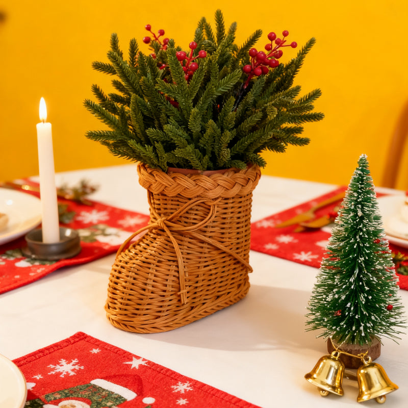 Bulk 16" Artificial Norfolk Pine Stems Red Berries in Woven Rattan Footed Vase Christmas Decorations Wholesale