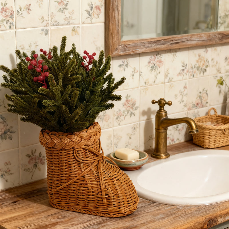 Bulk 16" Artificial Norfolk Pine Stems Red Berries in Woven Rattan Footed Vase Christmas Decorations Wholesale