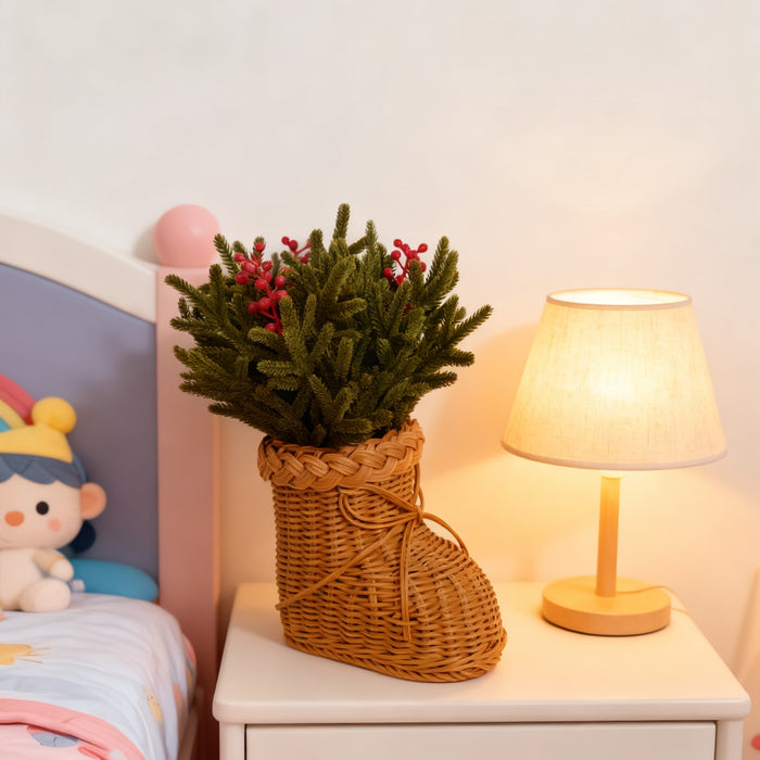 Bulk 16" Artificial Norfolk Pine Stems Red Berries in Woven Rattan Footed Vase Christmas Decorations Wholesale