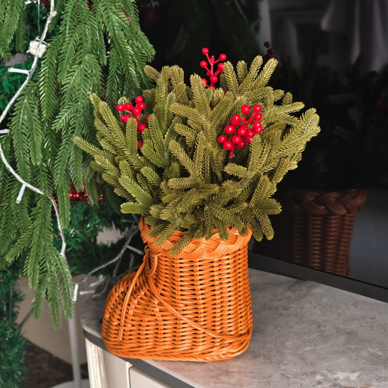 Bulk 16" Artificial Norfolk Pine Stems Red Berries in Woven Rattan Footed Vase Christmas Decorations Wholesale