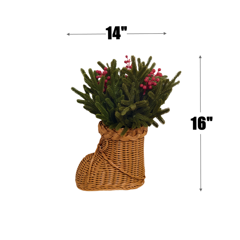 Bulk 16" Artificial Norfolk Pine Stems Red Berries in Woven Rattan Footed Vase Christmas Decorations Wholesale