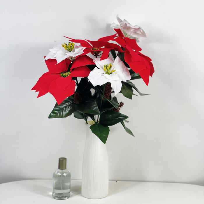 Bulk Exclusive Artificial Poinsettia Bush Bouquet Velvet Poinsettia White and Red for Christmas Wholesale