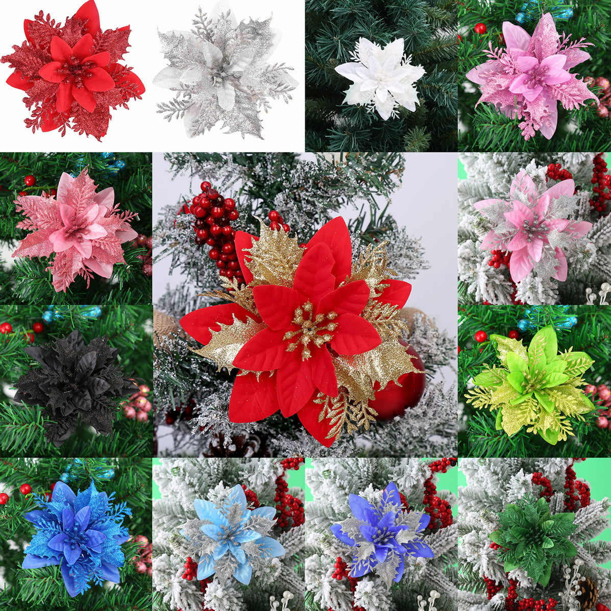 Clearance Bulk 14 Colors 6" Glitter Poinsettia Artificial Christmas Fl