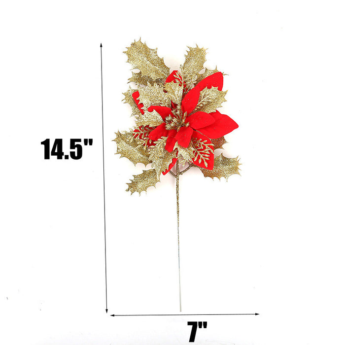 Bulk 14.5 inches Tall Artificial Glitter Poinsettia Flowers Stems With Leaves Wholesale