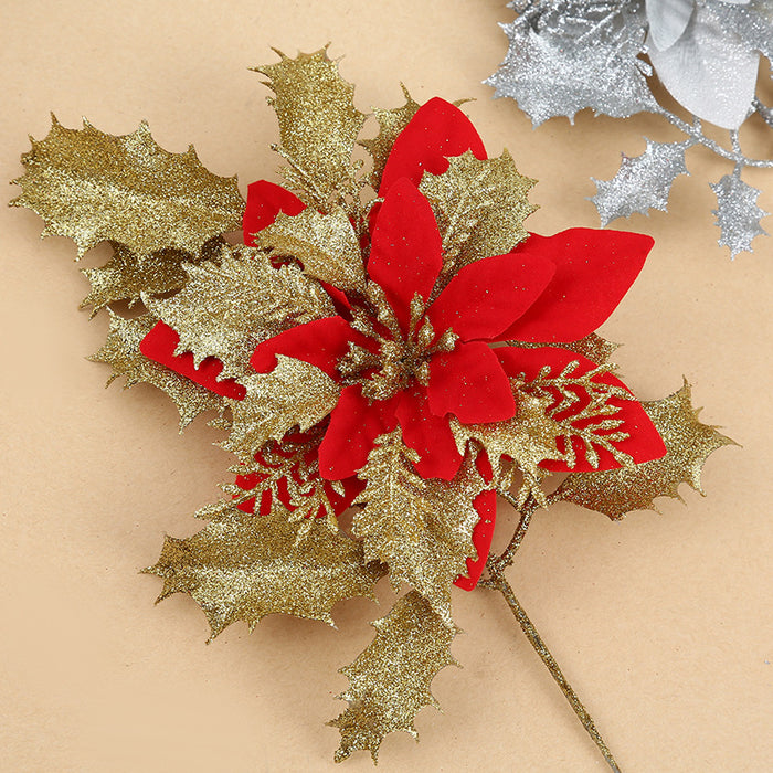 Bulk 14.5 inches Tall Artificial Glitter Poinsettia Flowers Stems With Leaves Wholesale