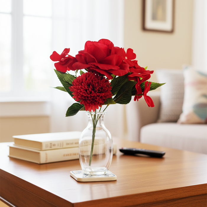 Bulk 11" Artificial Red Mixed-Flower Bush Bouquet with Roses Chrysanthemums and Impatiens Wholesale