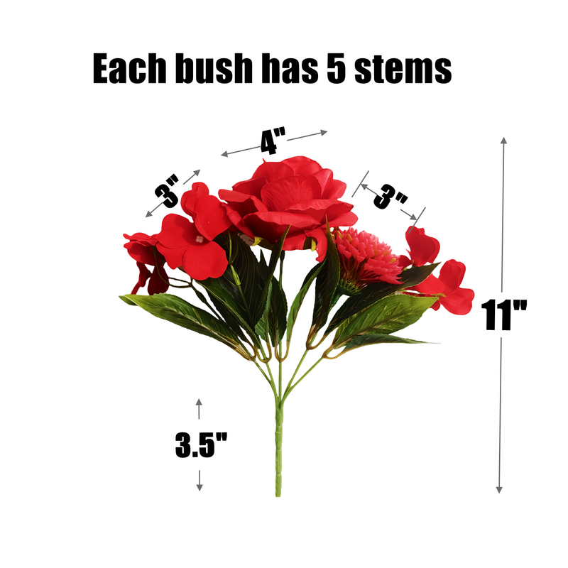 Bulk 11" Artificial Red Mixed-Flower Bush Bouquet with Roses Chrysanthemums and Impatiens Wholesale